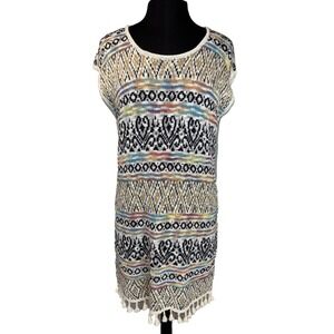 NEW Baciano Crochet Sweater Tank Dress Women Sz S Colorful Fringe Boho Festival